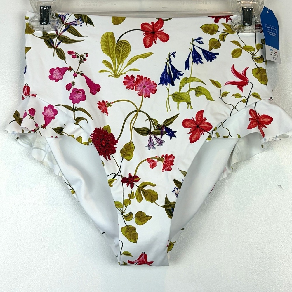 Lands End High Waist Bikini Bottom Women 4 Swim White Floral Vacation Ruffle New